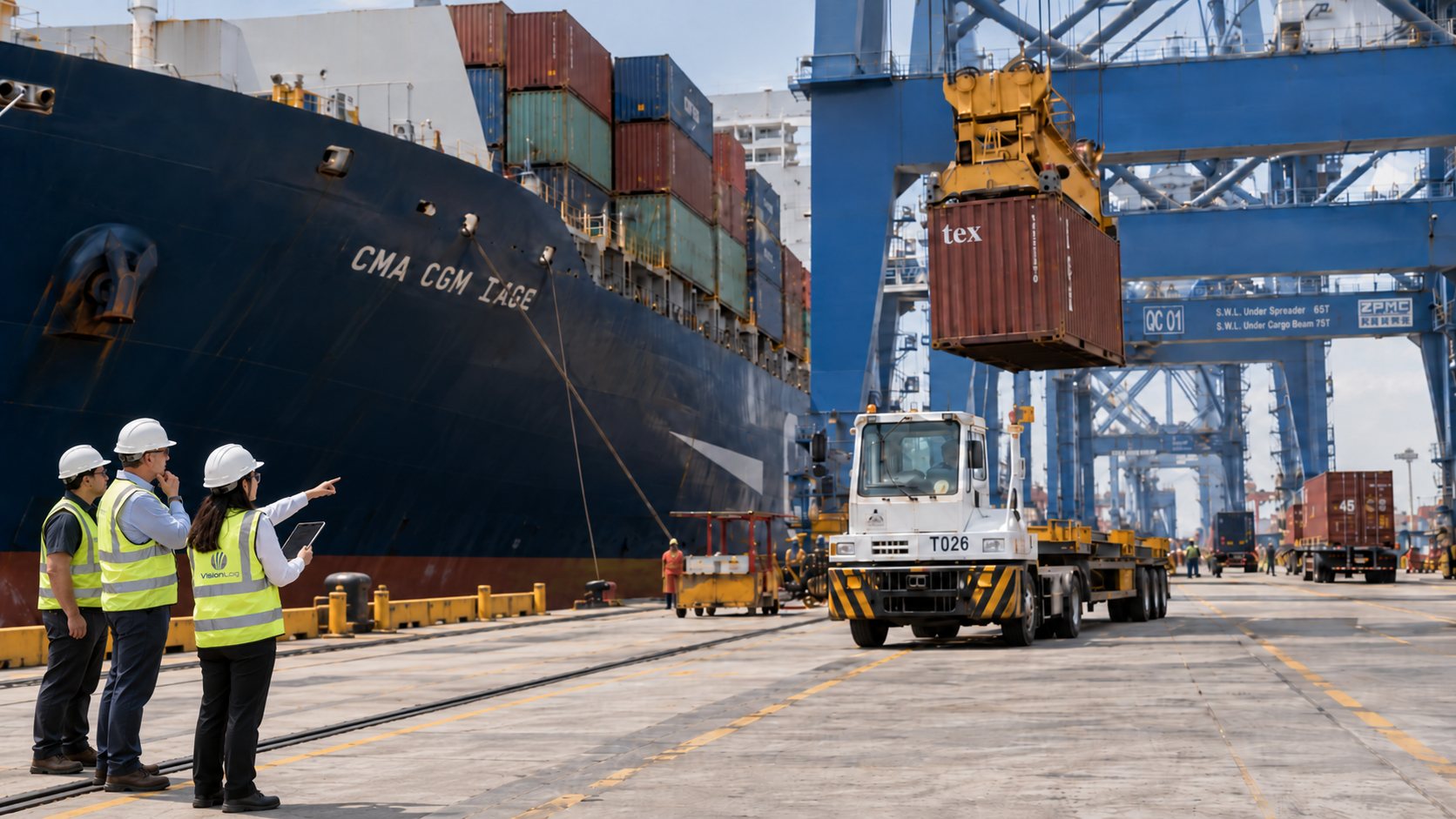 International freight forwarding: container ship being worked at the terminal while the Vision Log team follows the operation on the quay