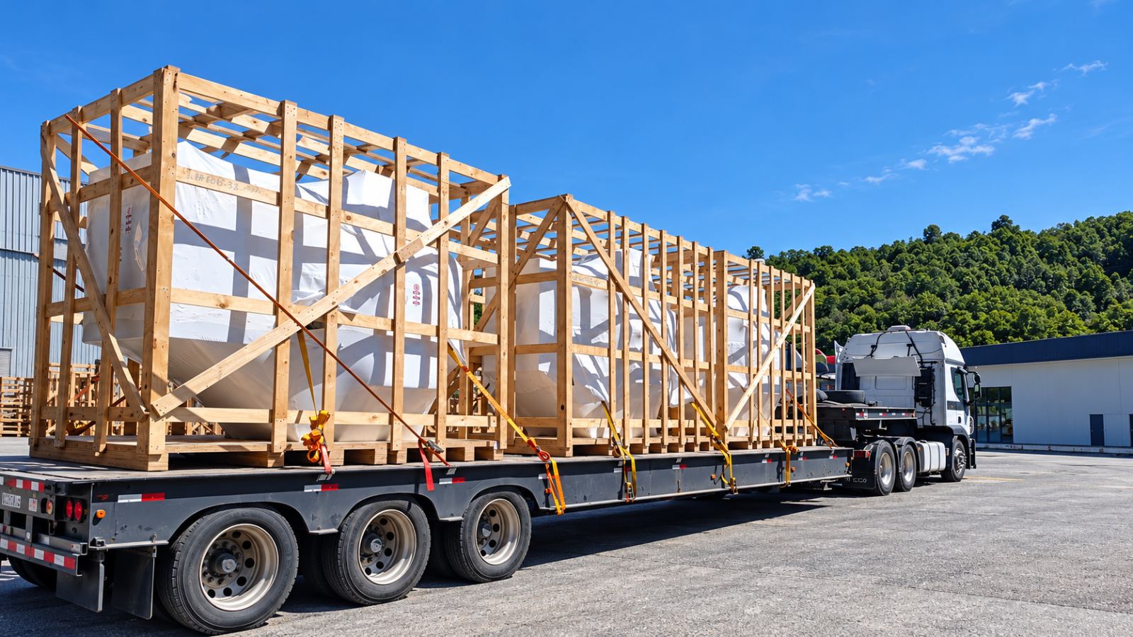 Project and OOG cargo: industrial equipment in wooden crates lashed on a flatbed trailer for road transport