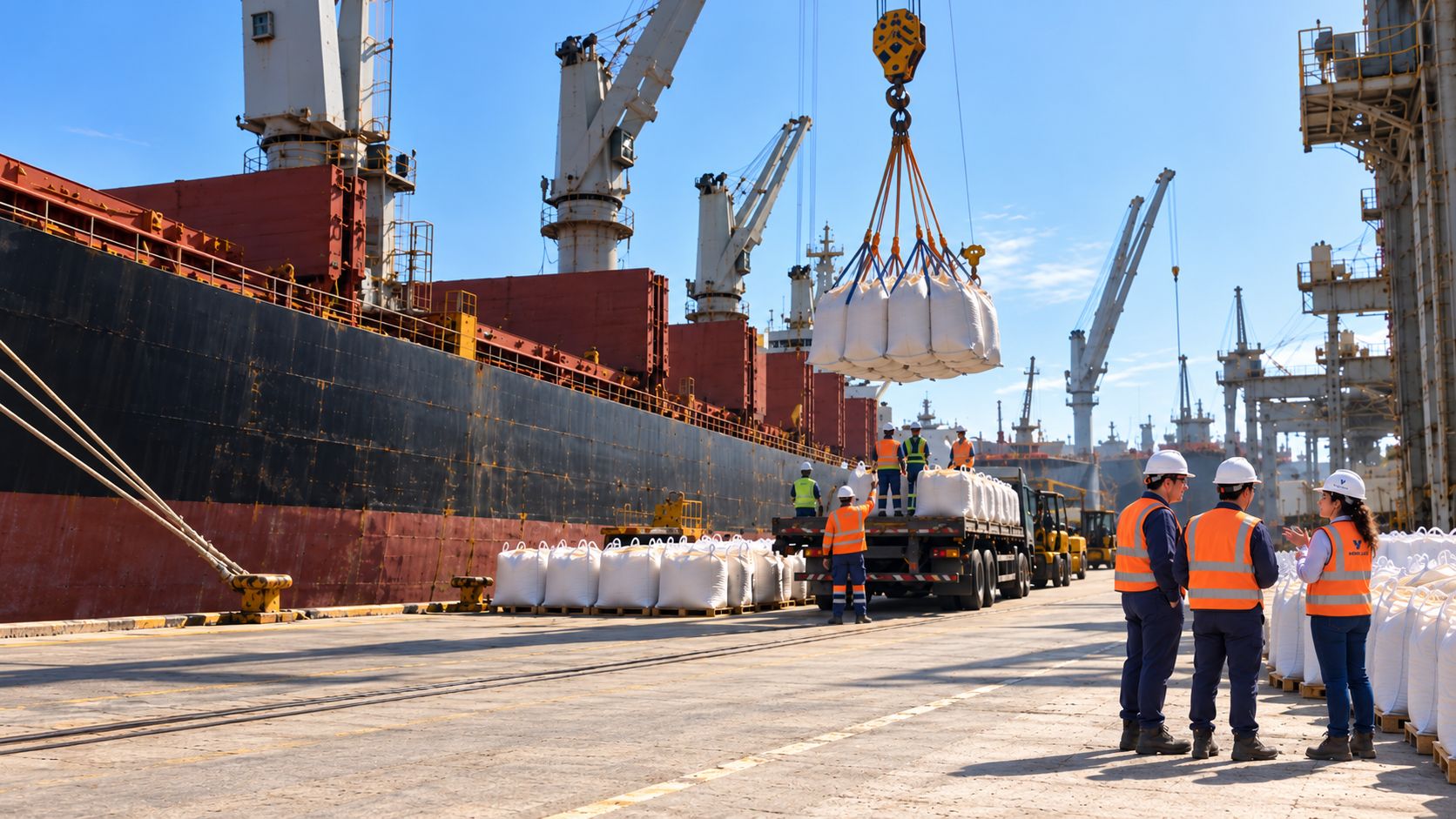 General cargo port operation in Brazil: big bags lifted from the ship onto a truck, with the operations team on the quay