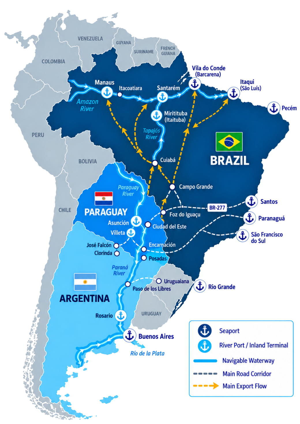 Logistics corridors map of Brazil and South America: main seaports and river ports, navigable waterways (Amazon, Tapajós, Paraná), road corridors such as BR-277 and main export flows
