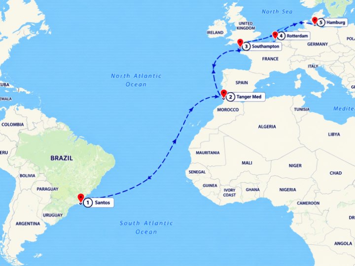 Route map in the Vision Log platform: ocean shipment from Santos to Hamburg via Tanger Med, Southampton and Rotterdam
